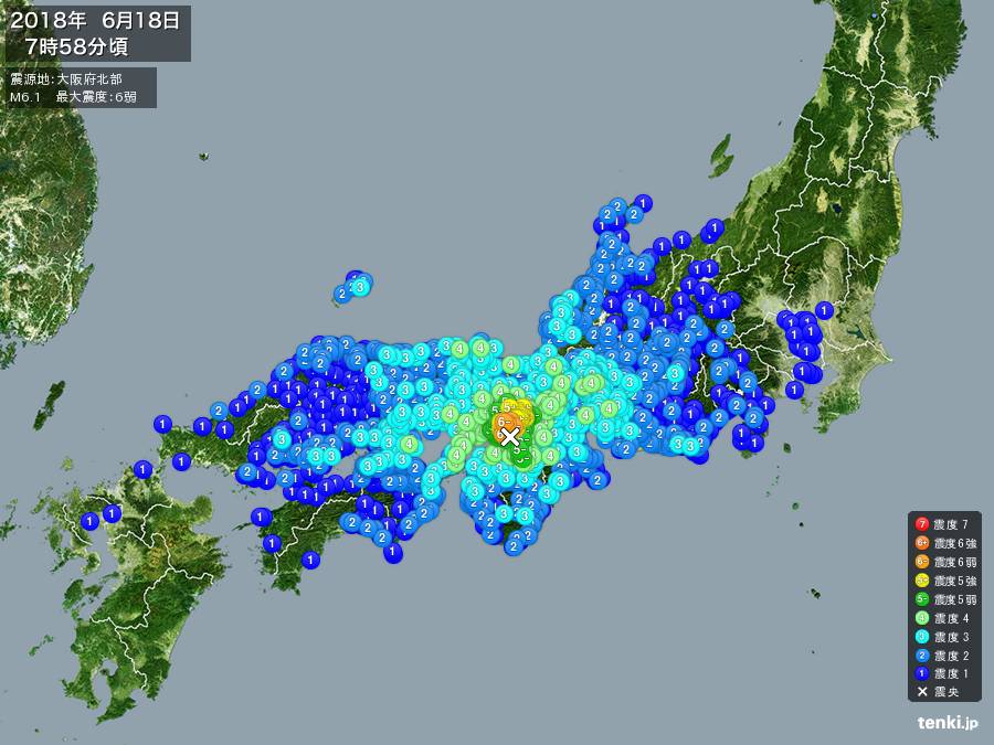 大阪府北部地震の震度ヒートマップ